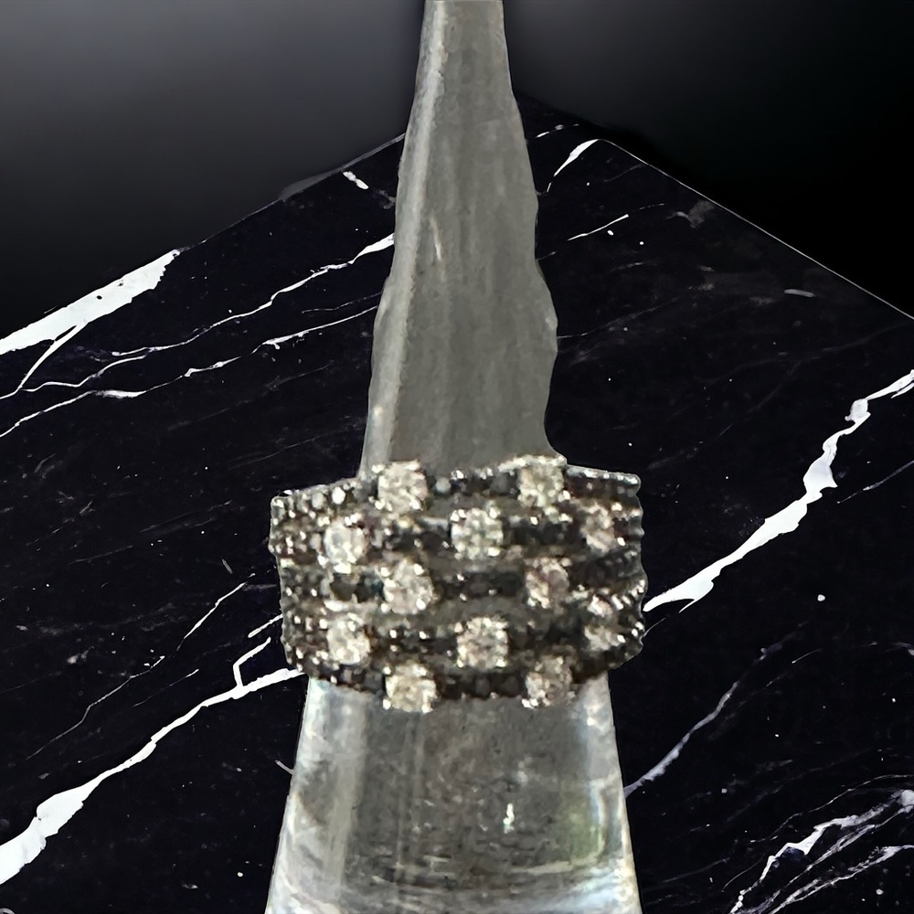 Signed FE 925 CZ Sterling Silver with Clear & Black Cubic Zirconia Ring Size 6